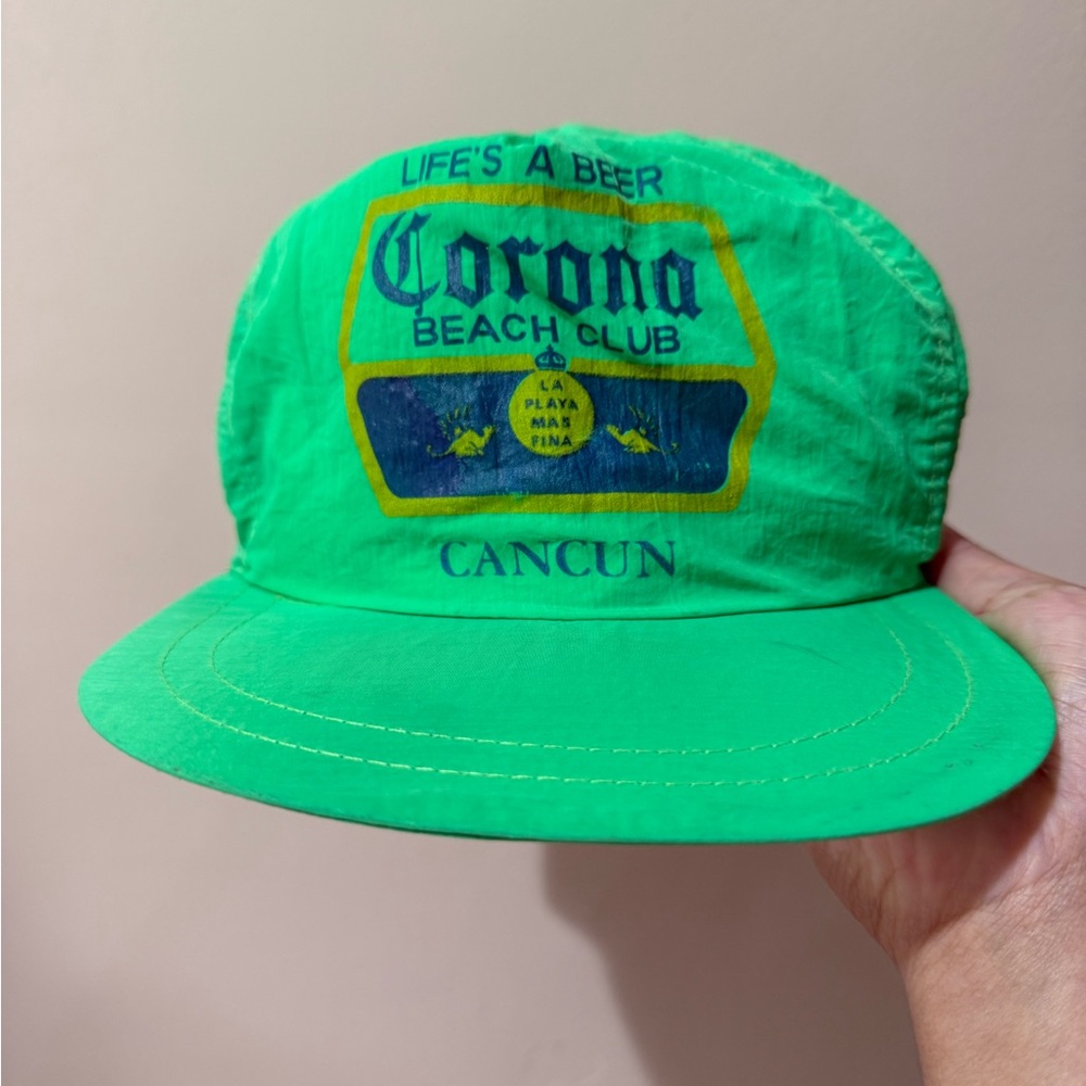 VINTAGE Corona Hat Cap Adjustable Snap Back Neon Green Beer 80s 90s Mens